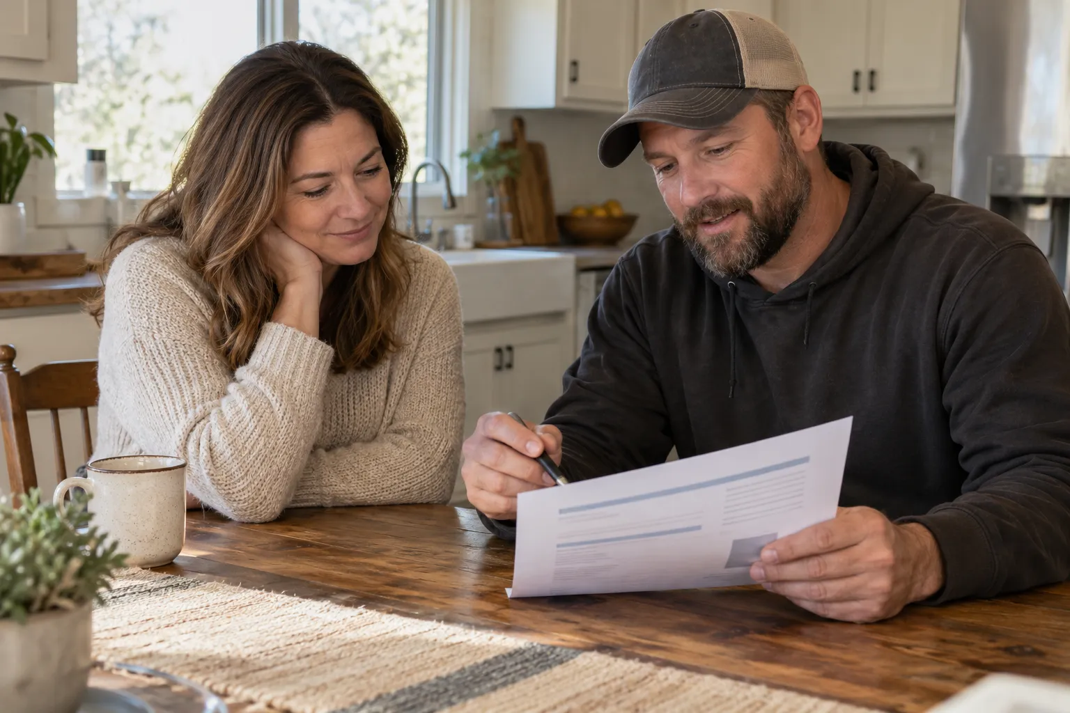 A roofing provider reviewing a written quote with a homeowner