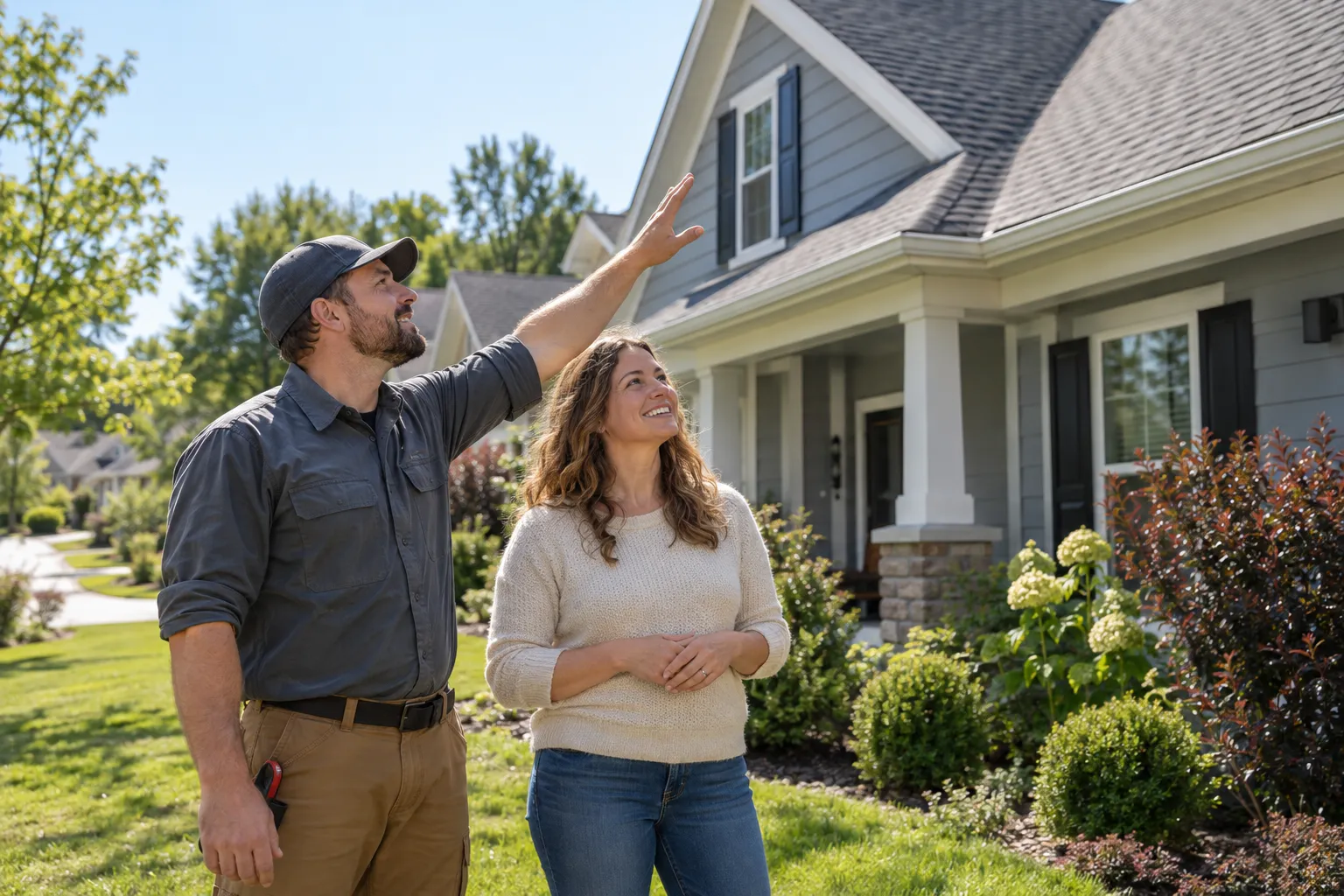 A homeowner and a roofing provider looking at a shingle roof in Detroit